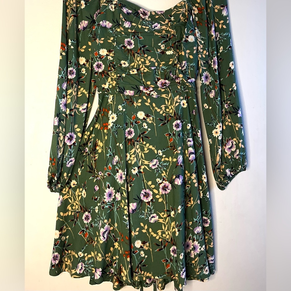 Green Floral Long Sleeve Mini Dress